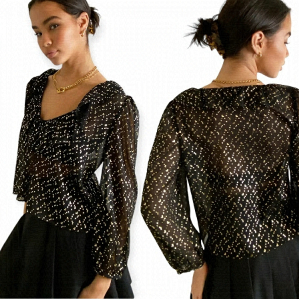 Aritzia Sunday Best Harper Black & Gold Sparkle Blouse SZ Small